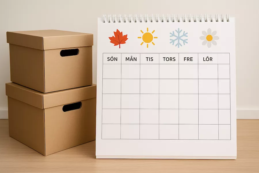 “Flyttlådor bredvid kalender med årstidssymboler – symboliserar flyttplanering efter säsong och hur årstider påverkar packning, logistik och val av flyttdatum”